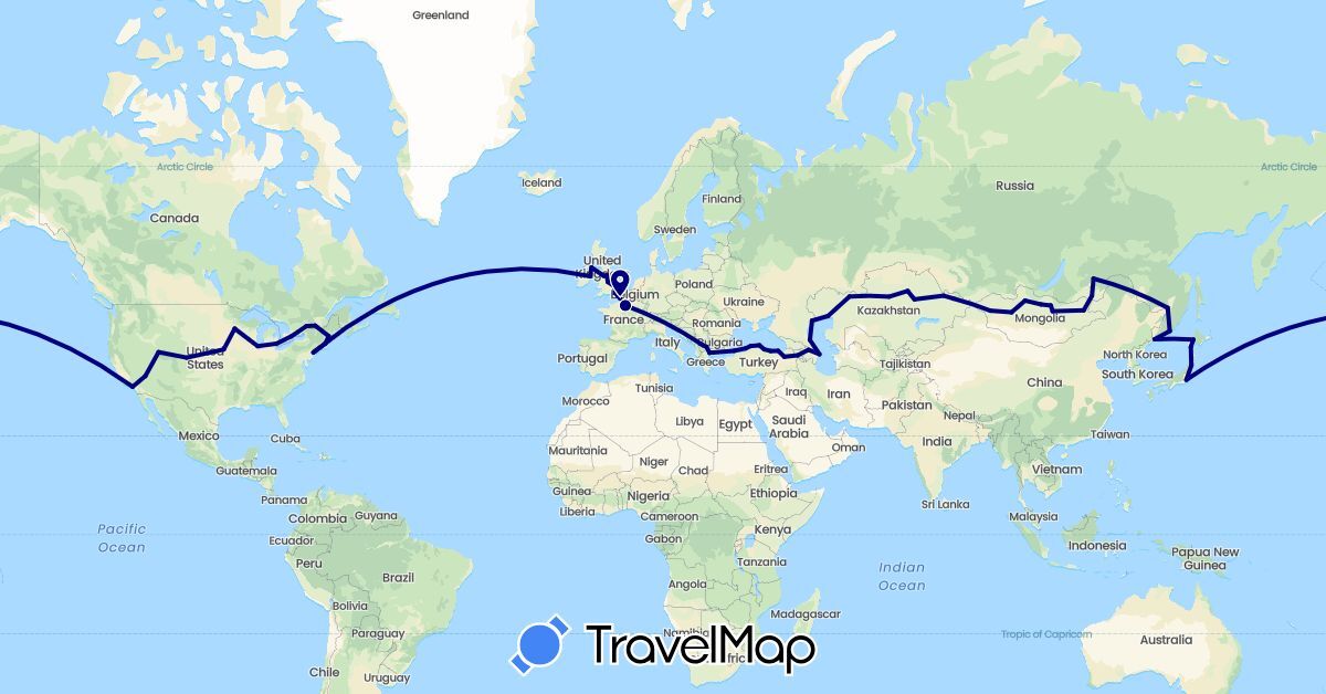 TravelMap itinerary: driving in Armenia, Azerbaijan, Canada, France, United Kingdom, Greece, Ireland, Japan, Kazakhstan, Macedonia, Mongolia, Russia, Turkey, United States (Asia, Europe, North America)